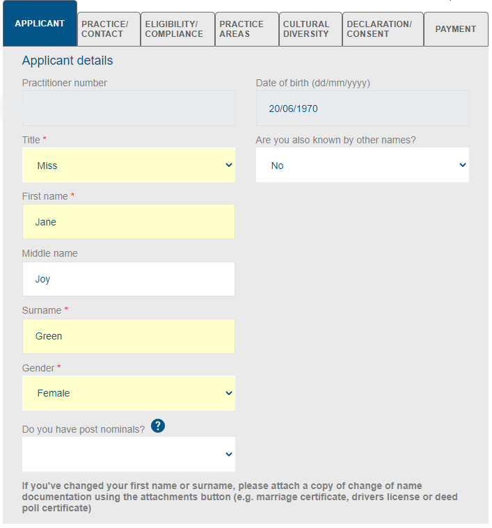 Applicant details screen